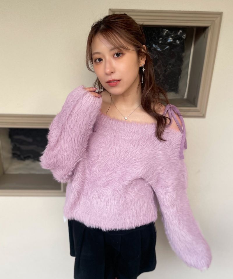 ふわモコ×前後2WAY》フェミ可愛い◎肩リボンフェザーニット秋冬