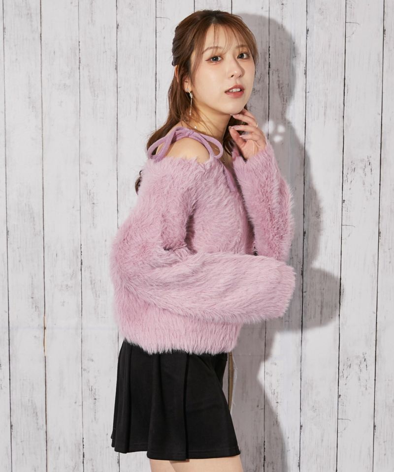ふわモコ×前後2WAY》フェミ可愛い◎肩リボンフェザーニット秋冬