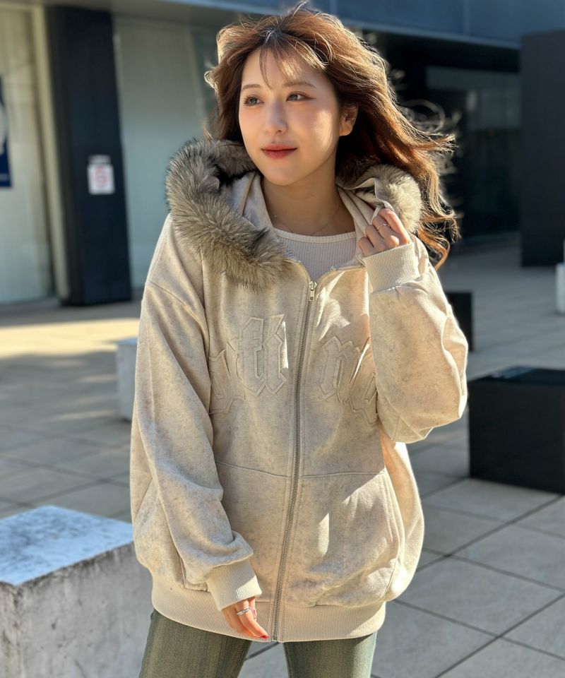 裏毛素材×ファーフード取外し可》ヴィンテージ風ZIPパーカー／秋冬