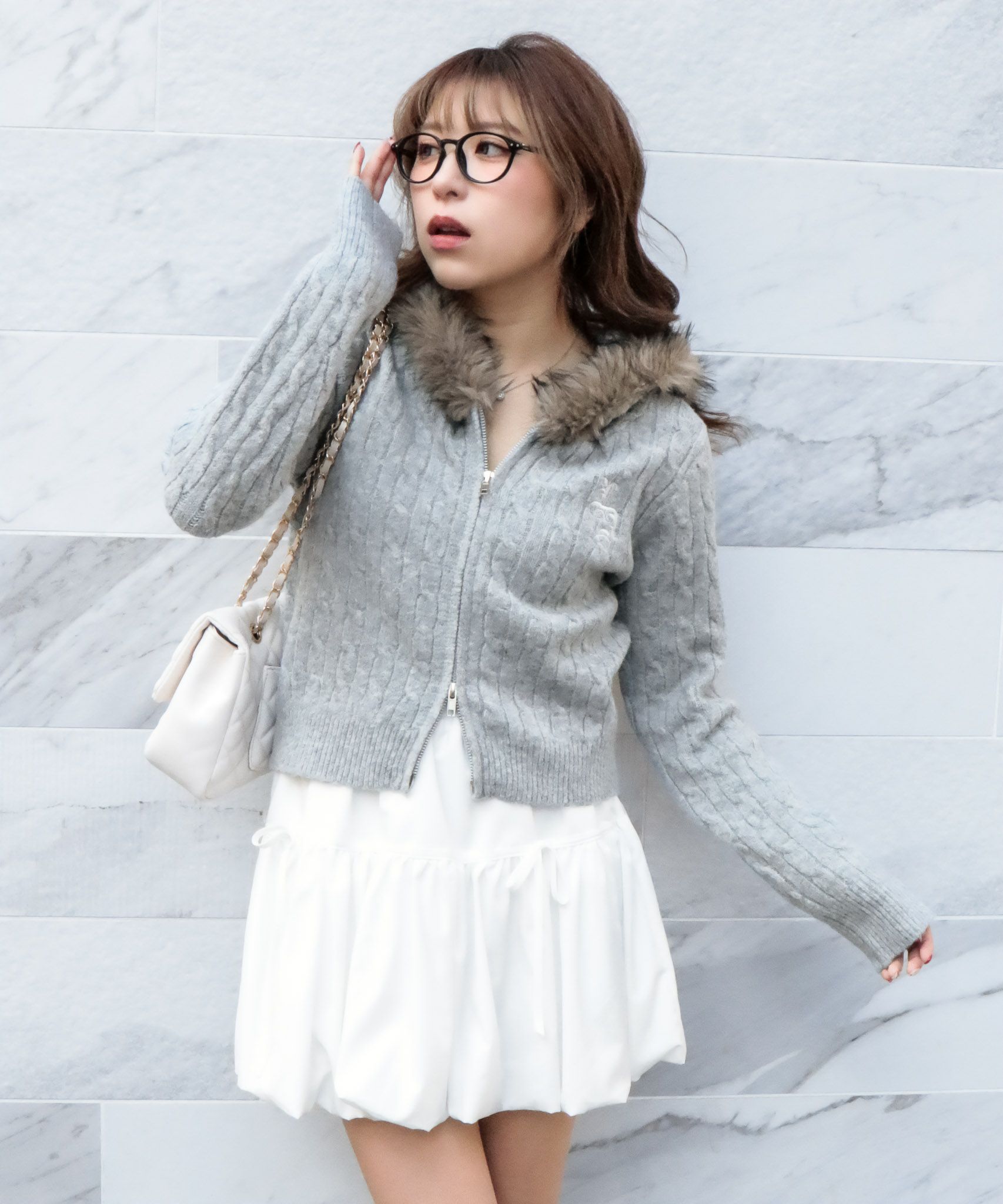 ケーブル編み×ファーフード》ダブルZIPニットパーカー／秋冬