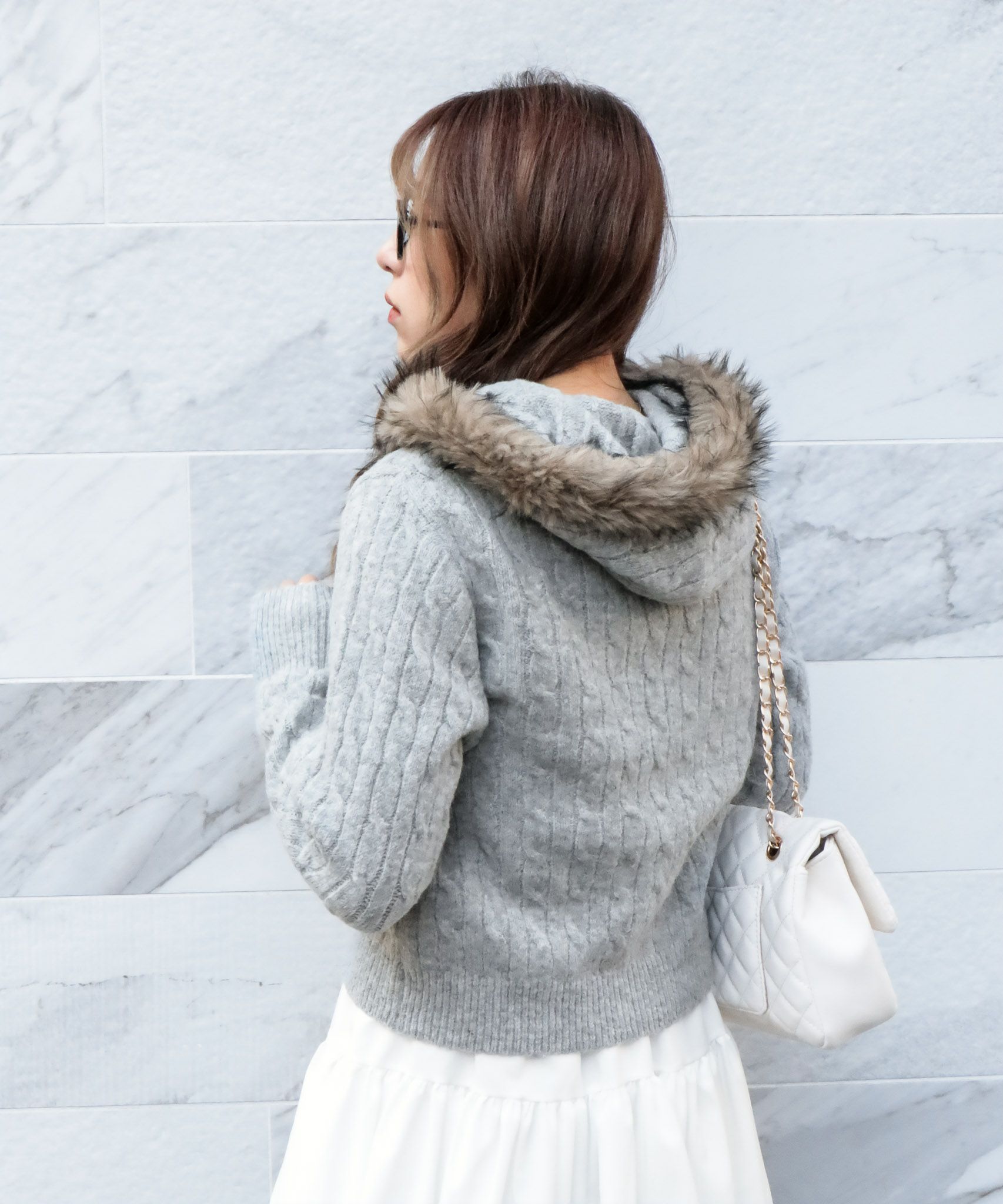 ケーブル編み×ファーフード》ダブルZIPニットパーカー／秋冬