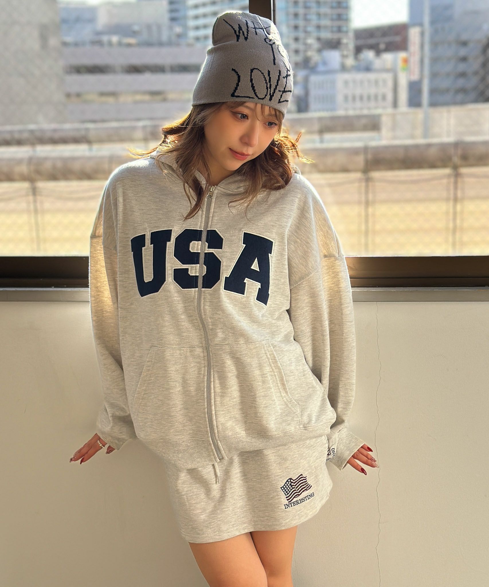 パーリーゲイツ レディースパーカー　星条旗　裏起毛　ロゴ刺繍 USAロゴ×星条旗袖刺繍》裏毛ZIPパーカー／秋冬春 セットアップ可