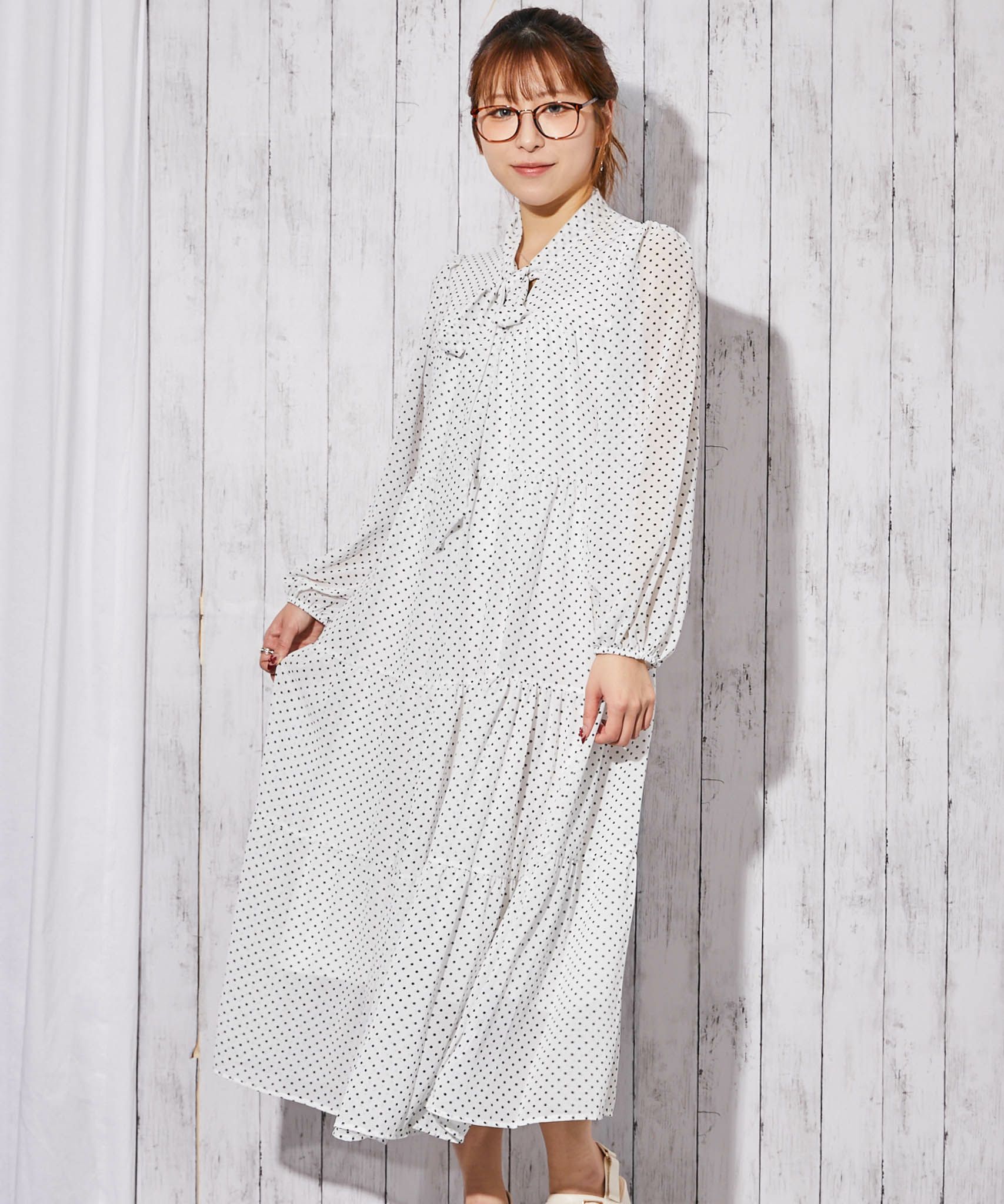 ドット柄×ボウタイ》ティアードマキシワンピース／春秋／全2色 | GORGE