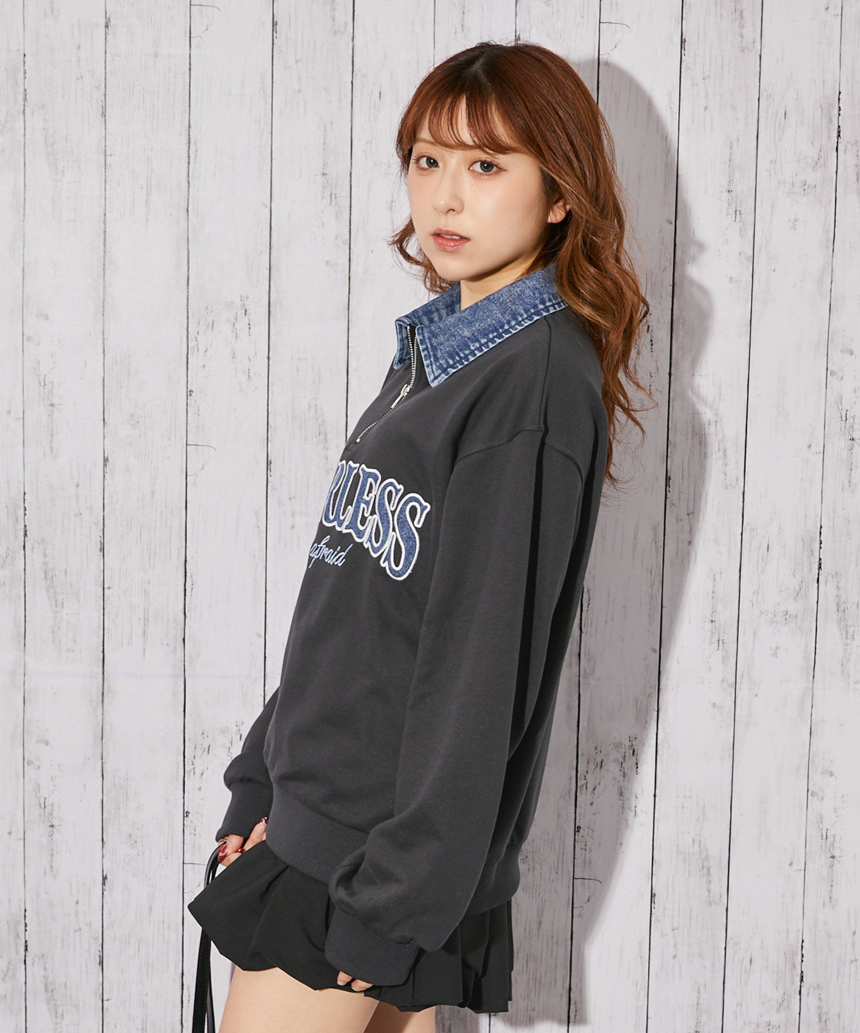 デニム襟 ハーフZIP》トレーナー／カジュアル×ストリート／春秋／全